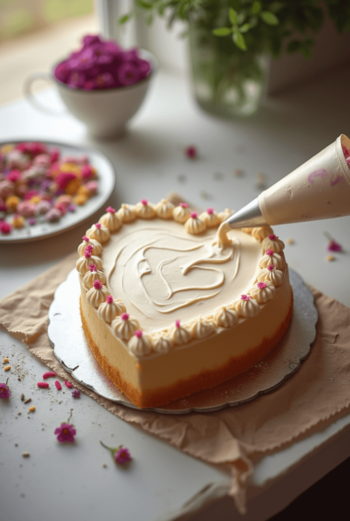 Heart-Shaped Cake Being Decorated with Buttercream and Edible Flowers