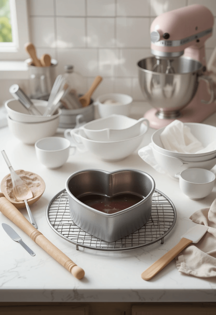 Baking Tools for Preparing a Heart Cake
