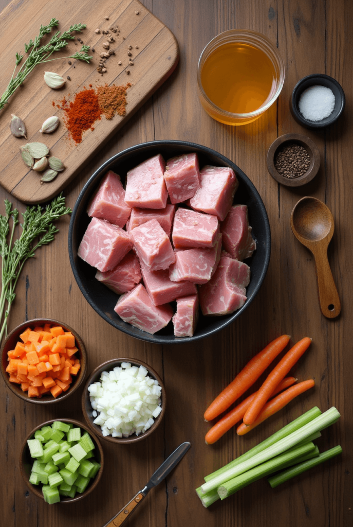 Essential Ingredients for Alabama Neck Bones, including neck bones, vegetables, and spices