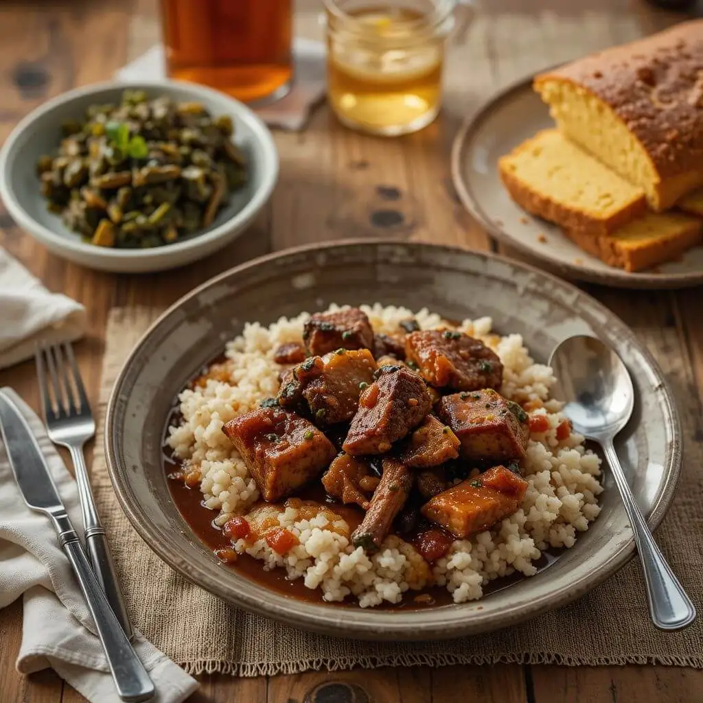 Delicious Alabama Neck Bones served with rice, cornbread, and collard greens