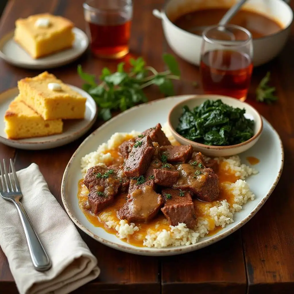 Alabama Neck Bones served with rice, collard greens, cornbread, and iced tea