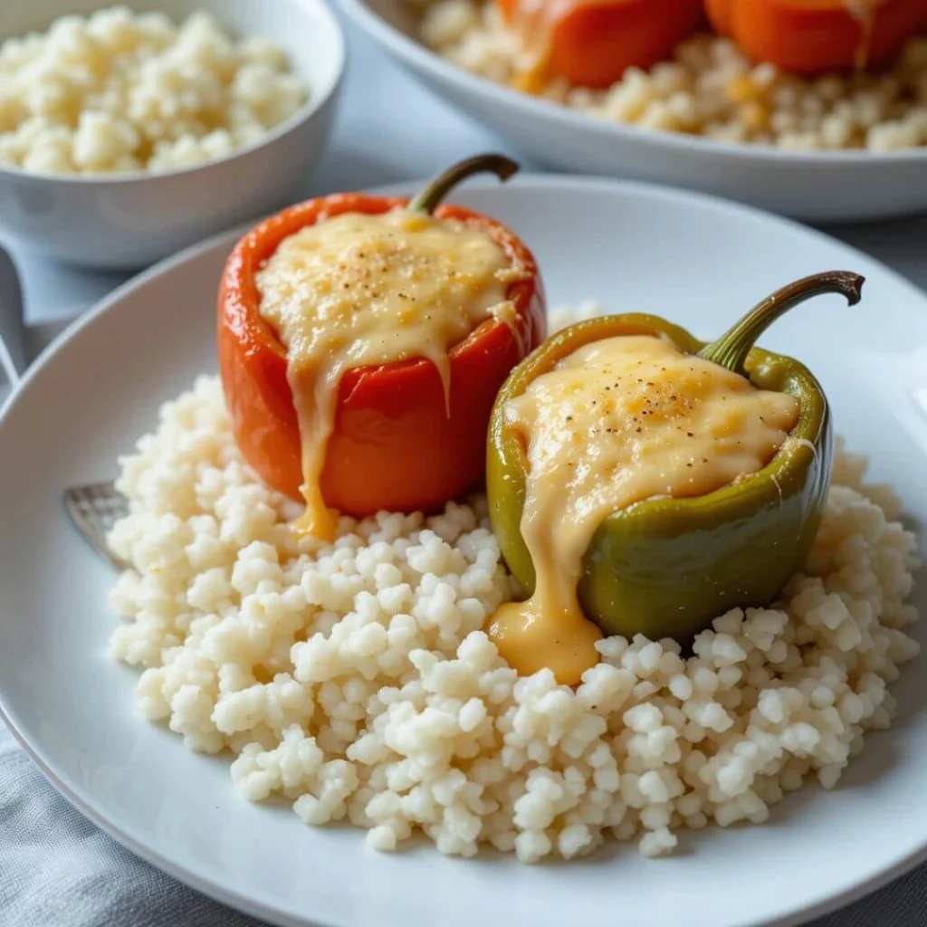 Colby Jack cheese stuffed peppers on a bed of rice and cauliflower rice
