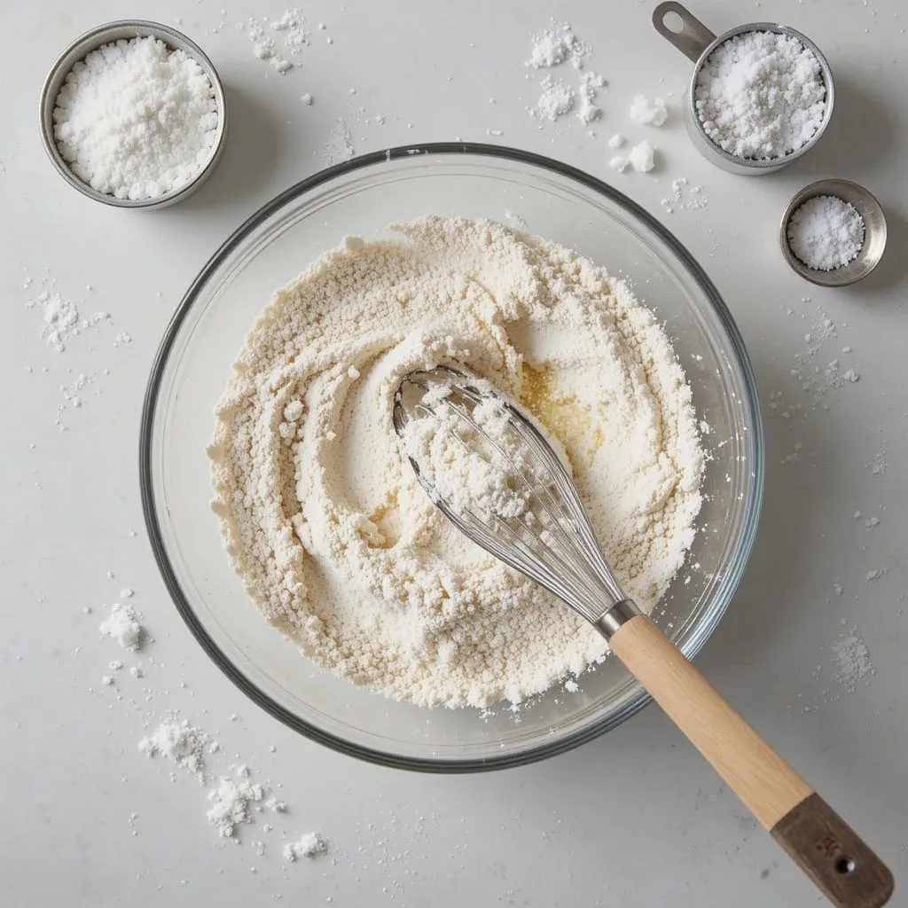 Whisking Flour, Baking Powder, and Soda for Kefir Sheet Cake