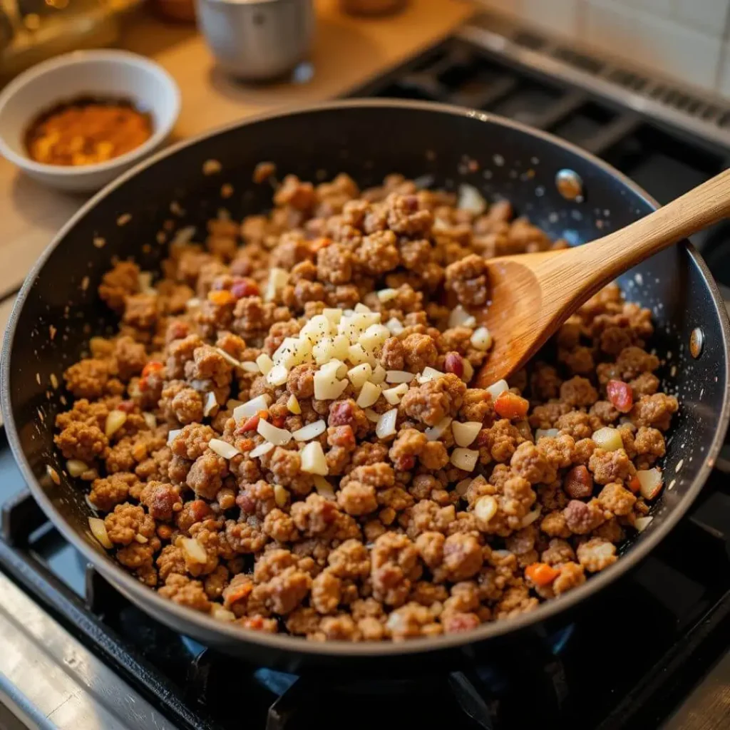 Ground meat and vegetables cooking for Colby Jack cheese stuffed peppers
