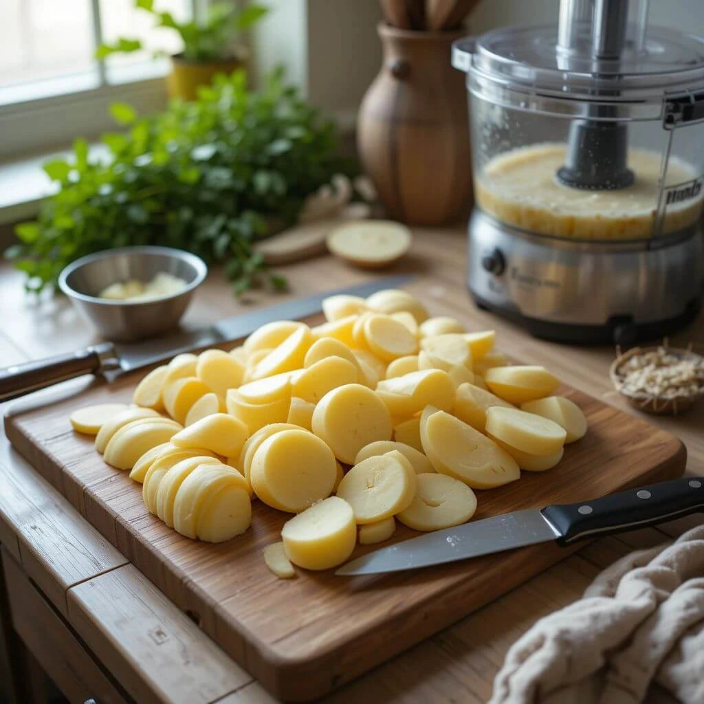 Preparing Potatoes for Passover Potato Pie: Slicing for Boiling