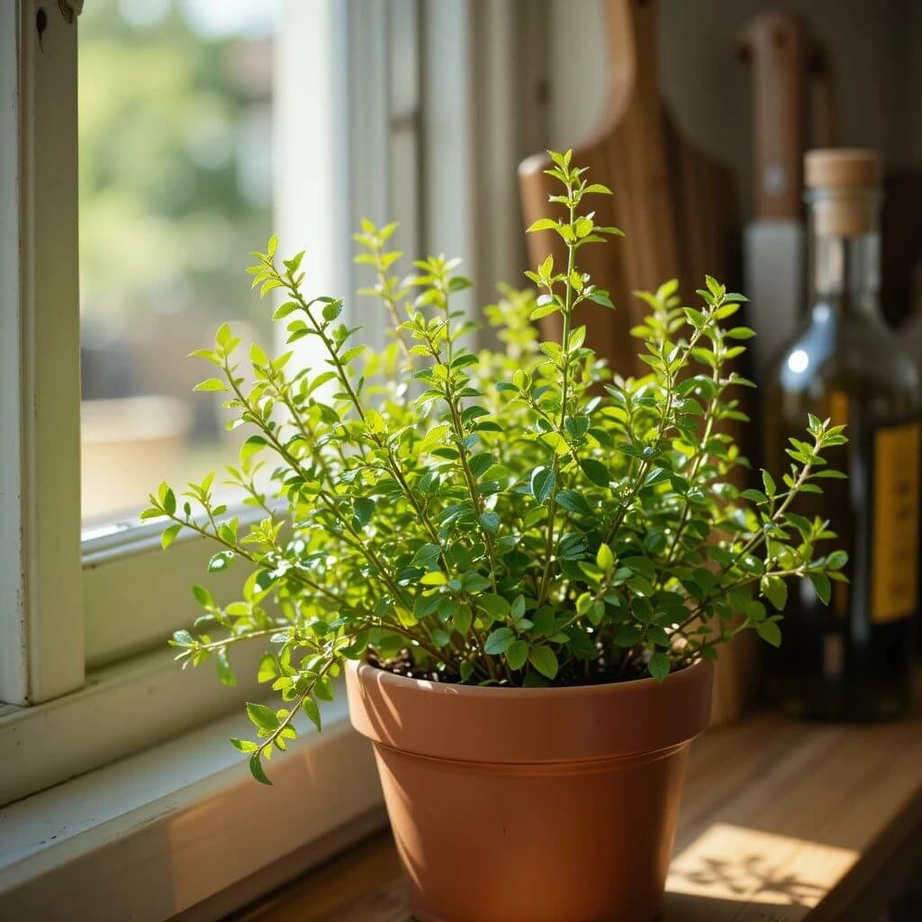 Vibrant Potted Marjoram Plant with Green Leaves on a Windowsill