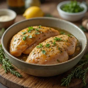 Marinated Chicken Breasts with Marjoram and Garlic on a Wooden Board