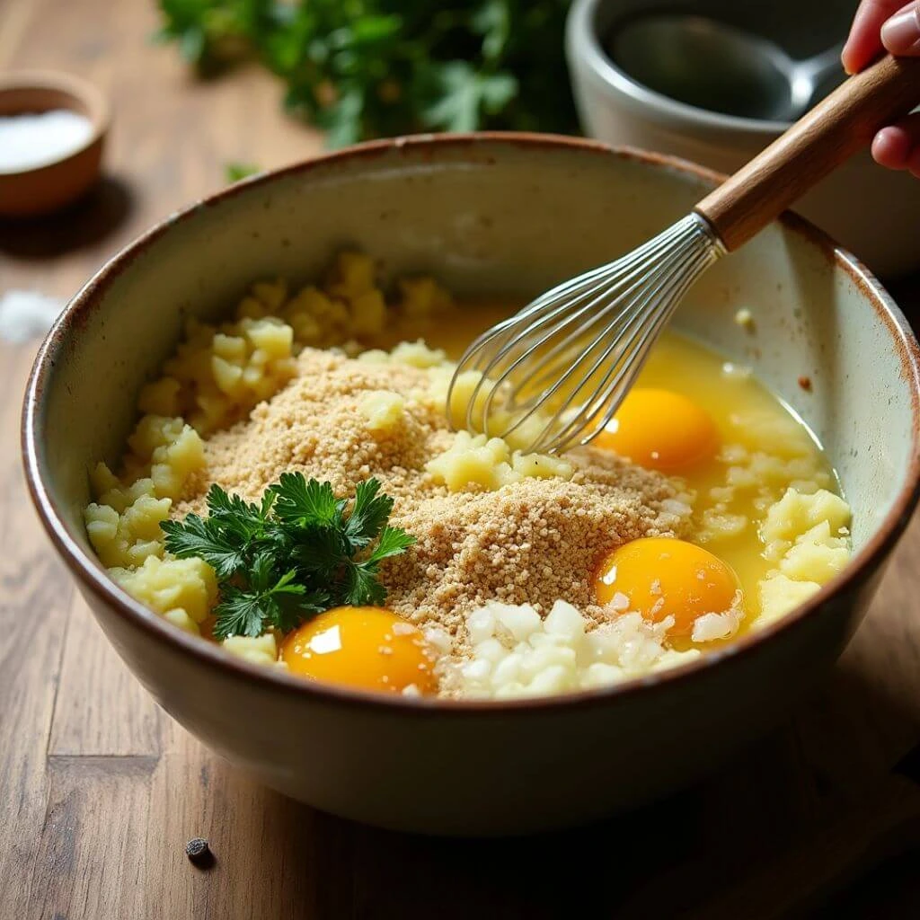 Stirring Together Mashed Potatoes, Eggs, and Matzo Meal for Passover Potato Pie
