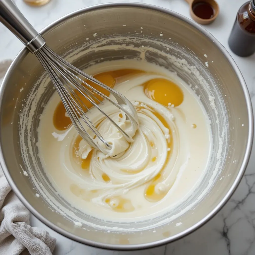 Stirring Kefir, Eggs, and Butter for Sheet Cake