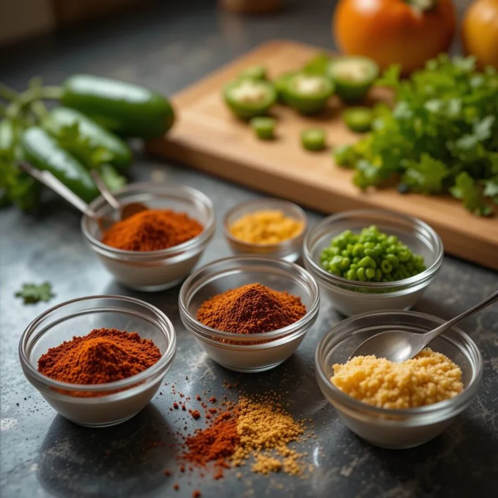 Spices and fresh ingredients for adding heat to Colby Jack cheese stuffed peppers