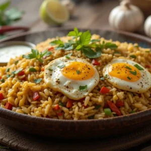 Anjappar Style Egg Fried Rice Served with Fresh Cilantro and Lime