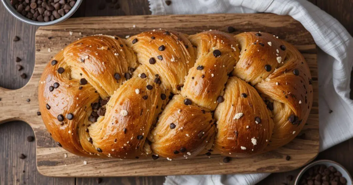 Braided Chocolate Chip Brioche recipe Loaf Freshly Baked