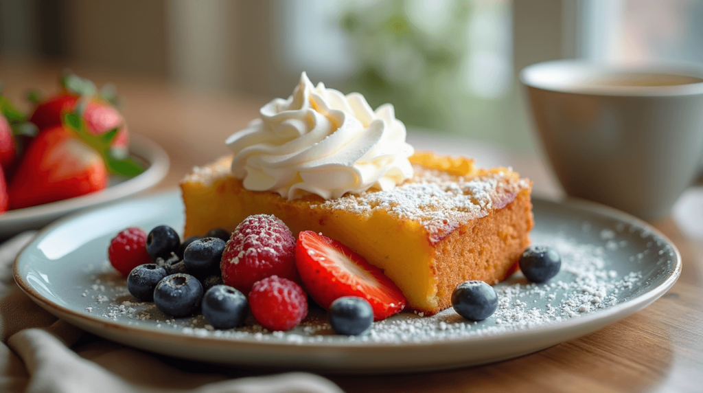 Served Kefir Sheet Cake with Whipped Cream and Fresh Berries