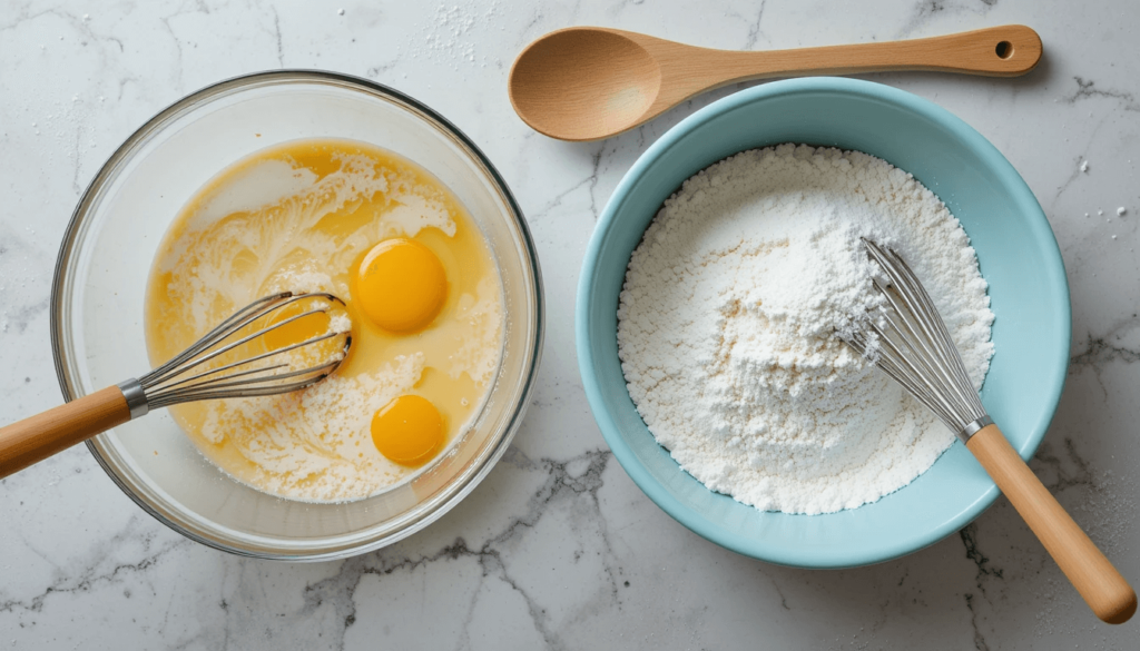 Separate Bowls of Wet and Dry Ingredients for Kefir Cake