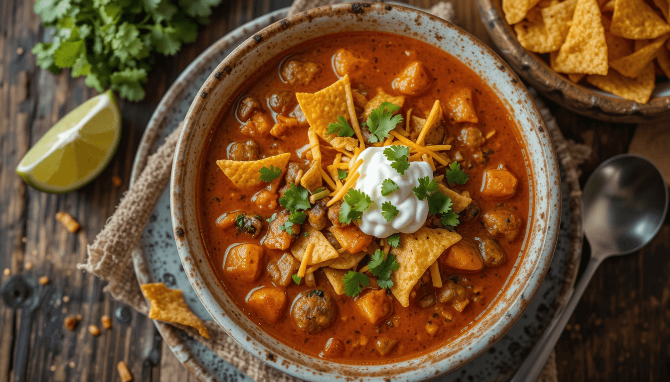 Bowl of taco soup frios recipe topped with crispy Fritos chips, shredded cheese, and fresh cilantro.