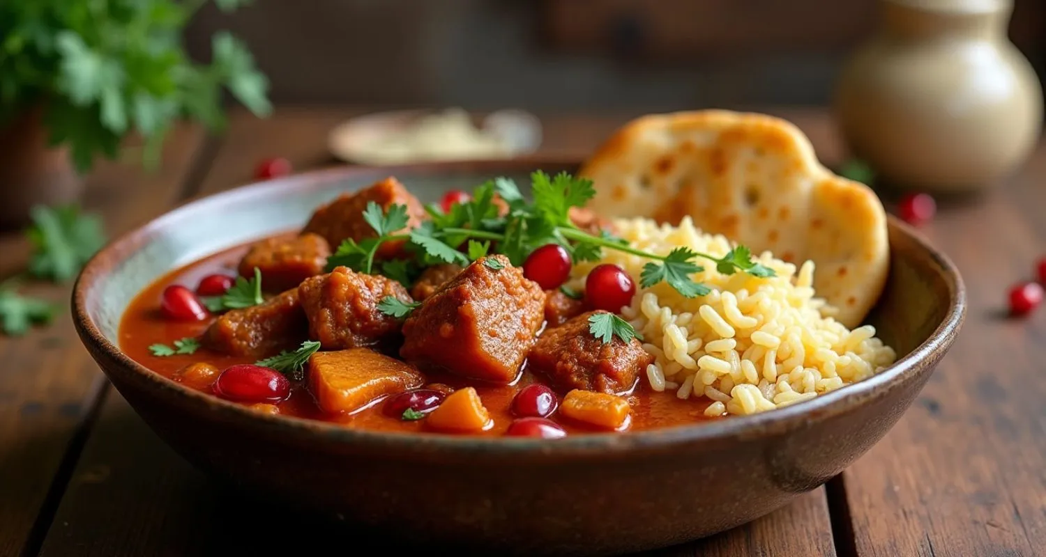 terra massoud recipe: a delicious bowl of Terra Massoud, a rich Persian stew made with tender meat, aromatic spices, and pomegranate seeds, served alongside fluffy Persian rice and warm flatbread