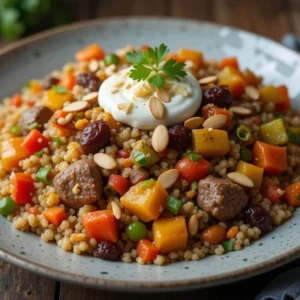 A Flavorful Serving of Terra Massoud with Grains, Vegetables, and Tasty Toppings