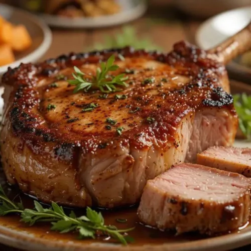 Deliciously Seared Duroc Pork Chop with Roasted Vegetables