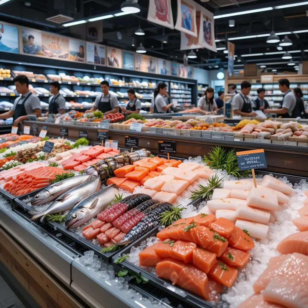 Fresh Salmon, Tuna, and Salmon Kama in Supermarket Seafood Section