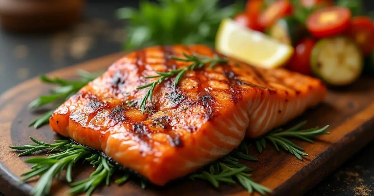 Grilled Salmon Kama with Crispy Skin and Roasted Vegetables