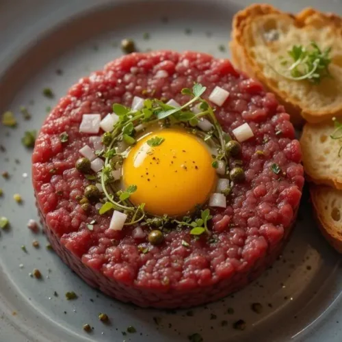 Close-up of Wagyu Beef Tartare with Raw Egg Yolk and Garnishes