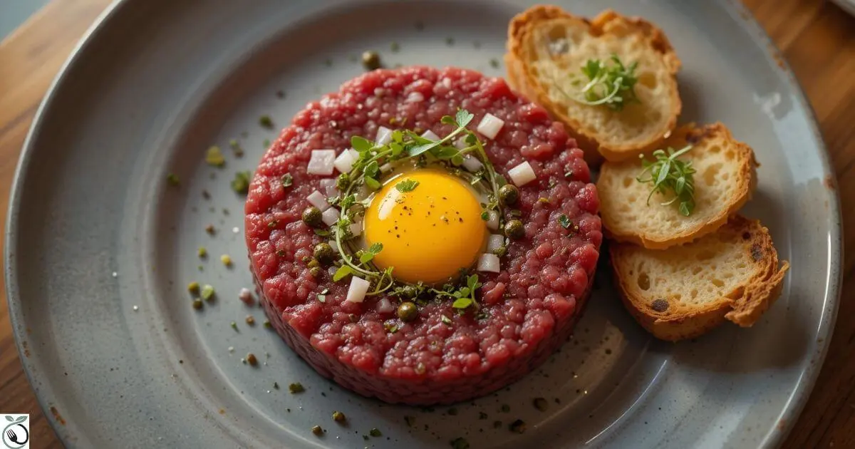 Close-up of Wagyu Beef Tartare with Raw Egg Yolk and Garnishes